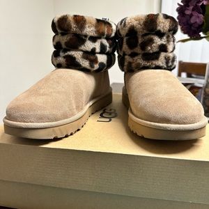UGG boots with fluff  quilted leopard, size 9 women’s